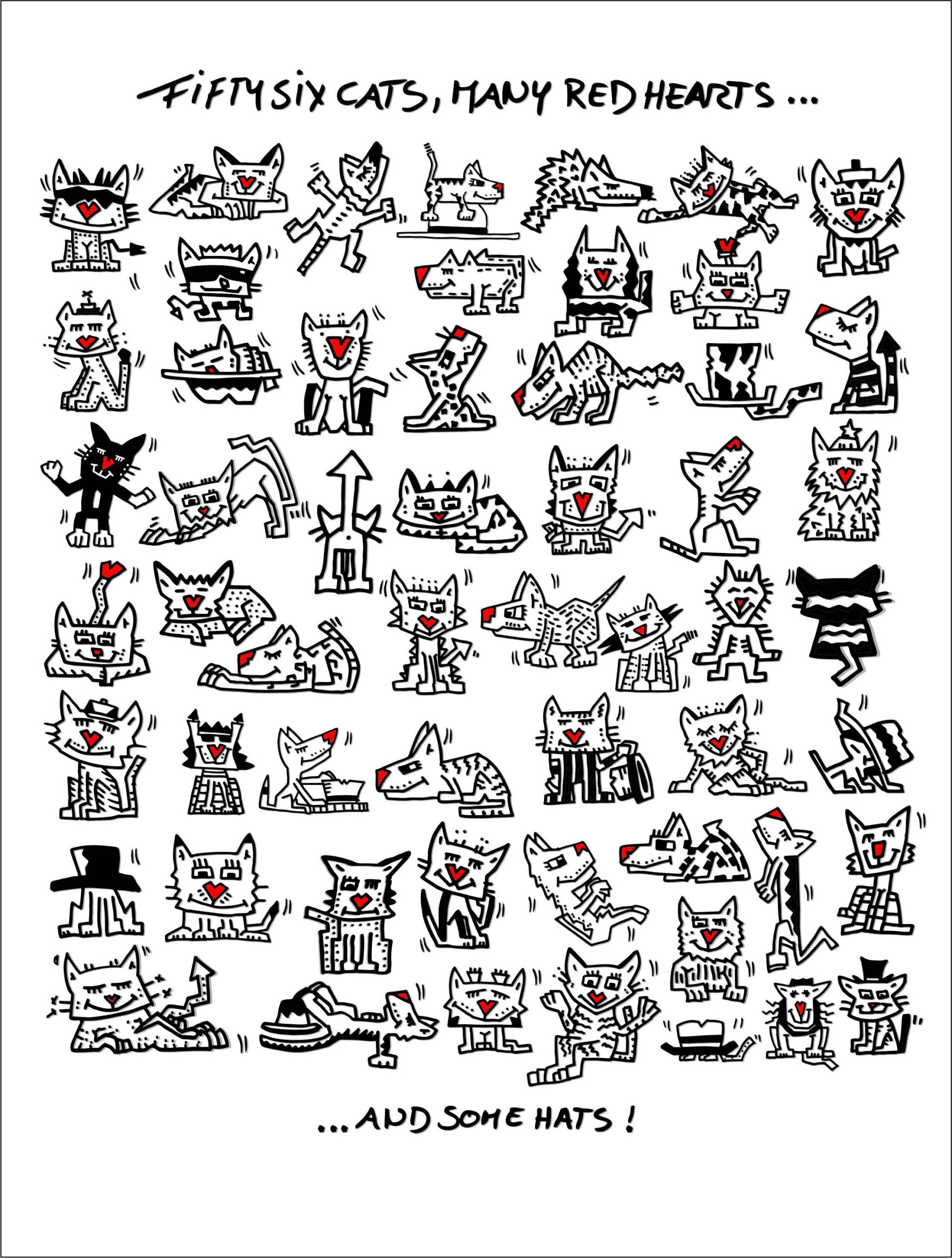 Fifty six cats, many red hearts